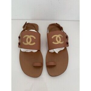 CHANEL Brown CC Logo Gold Ankle Strap Toe Ring Sandals EU 39 US 9 Authentic